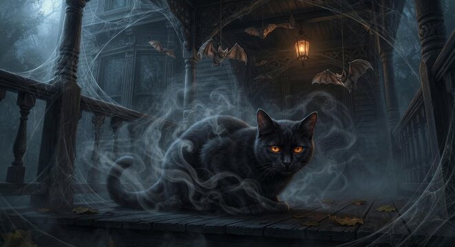 Black Cat with Glowing Eyes in Foggy Halloween Scene