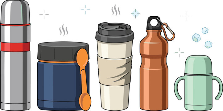 Stainless Steel Thermos Flask and Food Jar Icon Set with Travel Coffee Mug Water Bottle and Baby Sippy Cup for Everyday Vector Designs