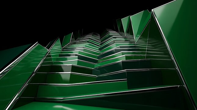 Abstract green geometric stairs ascending with dramatic lighting against a dark background conceptualizing growth and progress