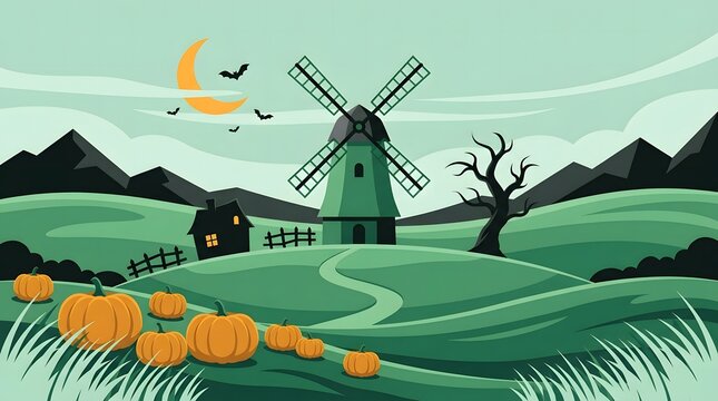 Spooky rural landscape featuring an old windmill pumpkin patch bats and a glowing crescent moon set in flat design style