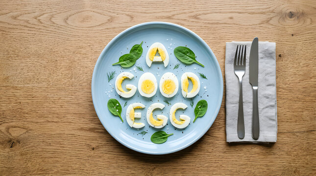 Happy Easter breakfast with sunny-side-up eggs spelling GOOD EGG on blue plate with herbs and cutlery
