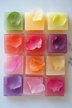 Top view of colorful handmade soap bars with petals for natural skincare and spa decor
