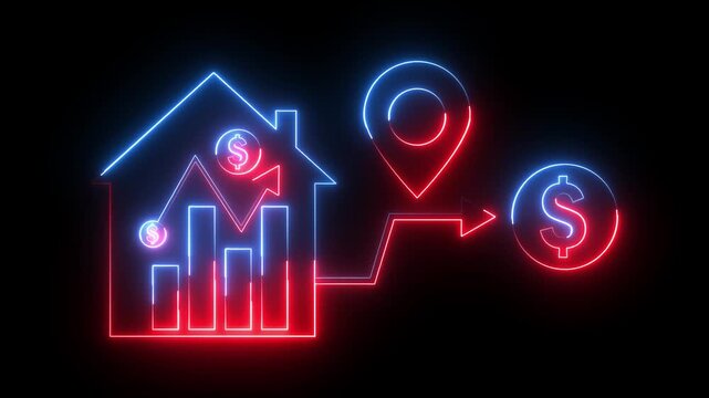 Glowing neon red and blue color business graph sign icon animation dollar money finance chart arrow report profit diagram investment success sign symbol on black background