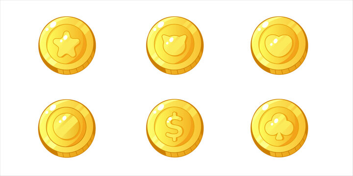 Golden coin icon set with star, cat, heart, dollar and club symbols. Shiny gold currency coins for game rewards, bonuses, virtual currency, points, prizes, collectibles, game UI and mobile apps.