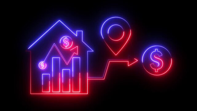 Glowing neon red and blue color business graph sign icon animation dollar money finance chart arrow report profit diagram investment success sign symbol on black background