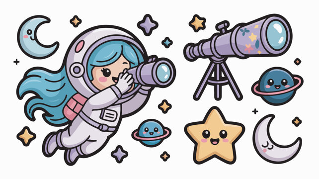 Cute chibi astronaut girl observing space with a purple telescope in this colorful vector illustration sticker