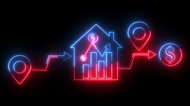 Glowing neon red and blue color business graph sign icon animation dollar money finance chart arrow report profit diagram investment success sign symbol on black background