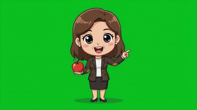 Cute cartoon teacher character holding an apple and pointing, isolated on a green screen background.