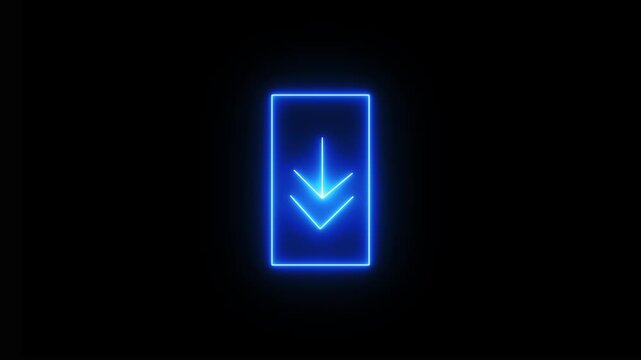 Glowing neon blue icon of a vertical rectangular file or document frame enclosing a downward-pointing arrow against a black background. Animated file download in progress, document import status,.