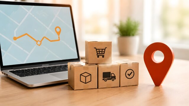 Ecommerce logistics delivery tracking concept with map route on laptop screen red location pin and cardboard boxes