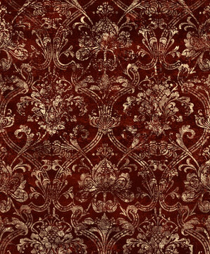 Dark Burgundy Damask Texture with Antique Gold Ornament &ndash; Decorative Background