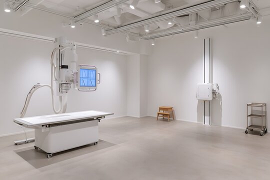 Bright radiology room with digital X ray equipment, detector panel and exam table in modern medical interior for diagnosis.