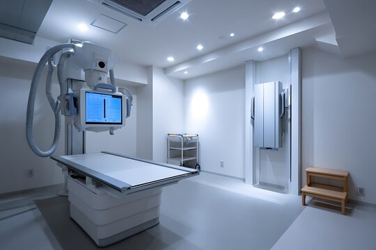 Bright radiology room with digital X ray equipment, detector panel and exam table in modern medical interior for diagnosis.