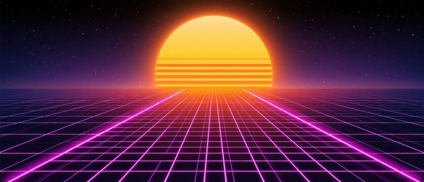 Retro futuristic digital grid landscape with neon sun and stars