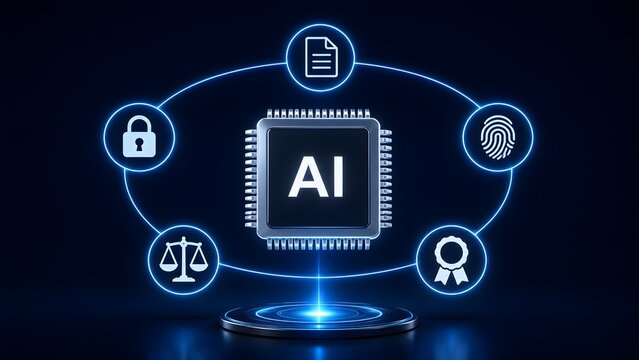 Artificial intelligence microchip surrounded by security fingerprint and legal compliance icons for trusted AI data governance