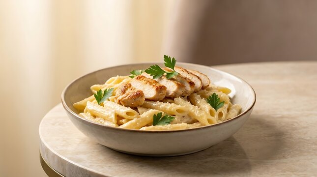 Creamy pasta penne with chicken and fresh green herbs served in a bowl on a rustic kitchen table top. chicken alfredo penne