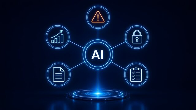 Artificial intelligence central network hub connecting business analytics security compliance and risk management icons for corporate strategy