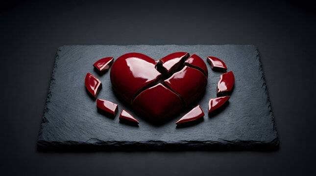 Broken red heart sculpture on dark slate with dramatic shadow for emotional concept design