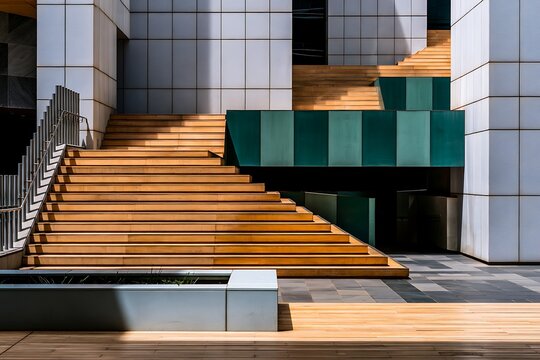 Modern outdoor staircase and planter with clean lines, green accents and wooden steps, illustrating urban design and functional architecture.