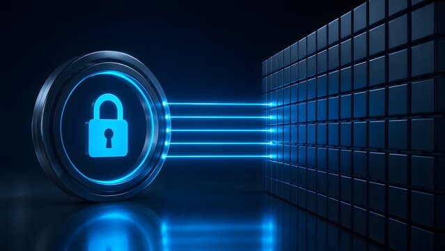 Glowing blue padlock projecting laser lines to dark cube wall for cybersecurity firewall and data protection