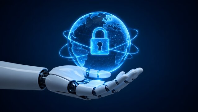 Robot hand holding glowing digital globe with padlock icon for global cybersecurity and artificial intelligence data protection