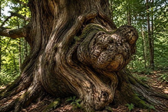 Ancient oak tree trunk with twisted grain and burl, textured bark in forest.