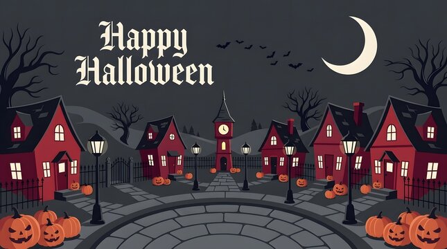 Happy Halloween greeting card featuring a quaint spooky village with red houses stone paths glowing pumpkins and a crescent moon