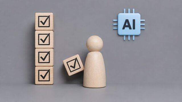 Wooden figure stacking checkmark blocks next to AI microchip for automated workflow efficiency