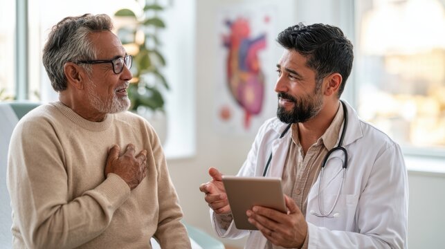 A middle-aged man consults a friendly doctor who is explaining something on a tablet in a bright medical office.