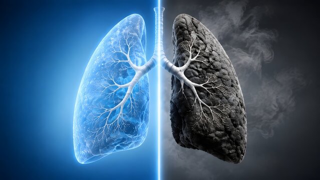 Healthy glowing blue lung compared to dark diseased smoker lung for respiratory health and medical anatomy concept