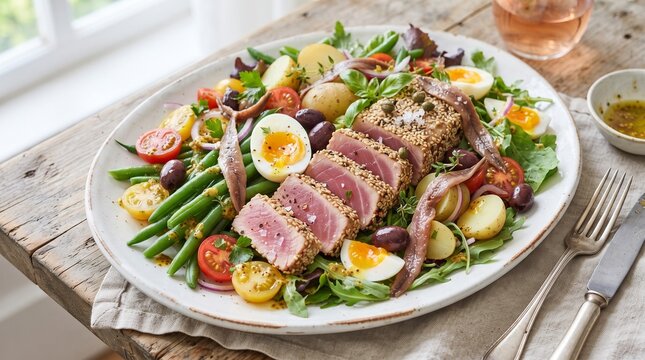Salad Ni&ccedil;oise with tuna, eggs, green beans, and cherry tomatoes  