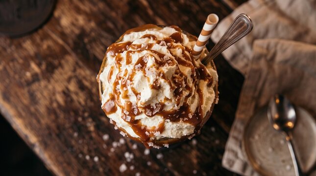 Salted caramel milkshake topped with whipped cream on rustic table  