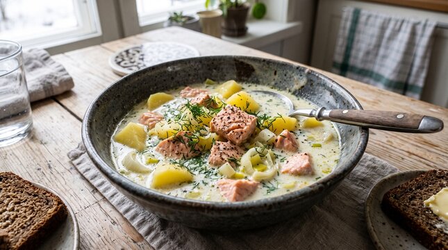 Finnish salmon soup served in a rustic bowl on a wooden table  