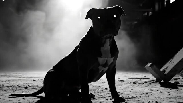 Mysterious Pitbull Dog Sitting in Silhouette with Glowing Eyes and Dark Surroundings