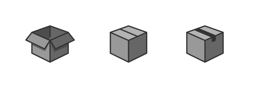 Delivery box set icon. Three isometric grey cardboard boxes are displayed, one open and two closed, representing shipping and storage. Vector illustration