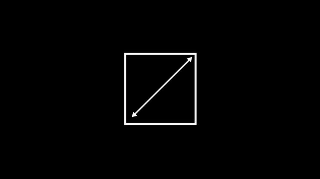 Full screen icon in line box with arrow animation on black background. Maximize screen size arrows line animation. Diagonal re-size arrow in square icon for expand, full screen and modern Ui design