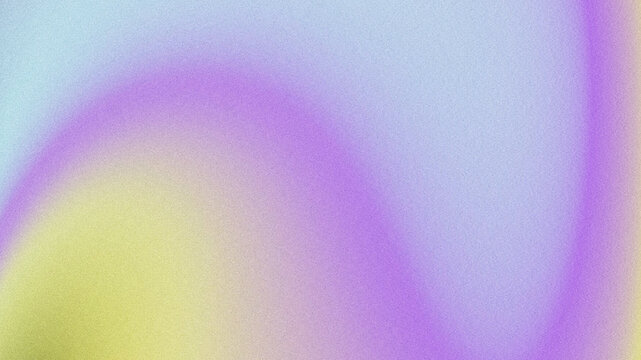 Abstract grainy noise texture background. Soft, wavy, curved color gradient blending light blue, violet purple, and pale yellow.