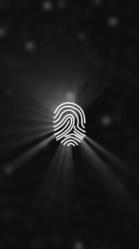 Glowing white fingerprint icon radiates soft light rays on dark field Digital privacy security modules employ this fingerprint Glowing white fingerprint icon shines bright