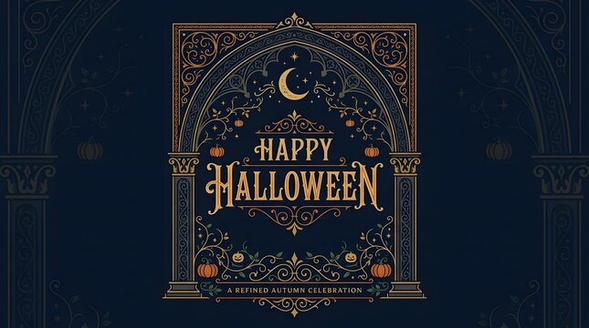 Happy Halloween greeting card design featuring an ornate gothic archway with elegant gold typography and intricate pumpkin floral decorations throughout