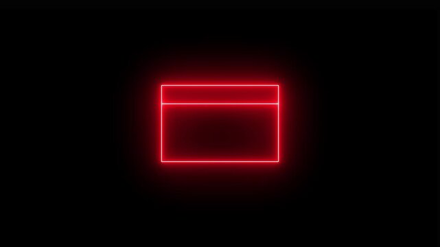 Glowing neon red icon of a credit card symbol with a magnetic stripe header against a black background. Animated digital payment processing indicator, credit card checkout prompt.