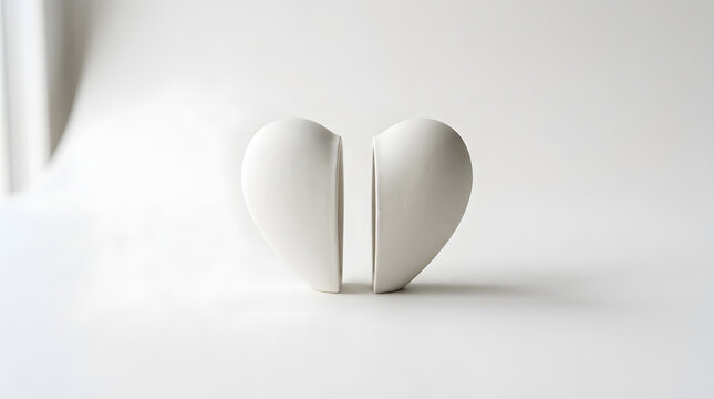 Minimalist white ceramic heart split in half on clean background for love and healing concepts