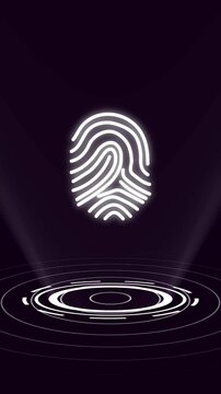 Glowing fingerprint icon floats above circular rings in dark scene Identity verification portals show this fingerprint Glowing fingerprint icon graphics pulse bright
