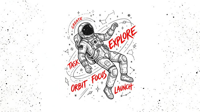 Astronaut floating in space with handwritten task reminders on chalkboard background