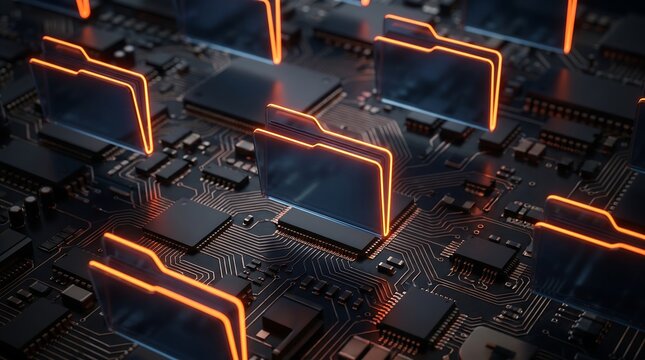 A high tech computer motherboard featuring glowing orange circuit board pathways and advanced integrated electronic processing components