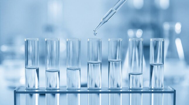 Scientific Laboratory Research Featuring a Dropper Adding Liquid into a Row of Glass Test Tubes for Clinical Analysis and Medical Development