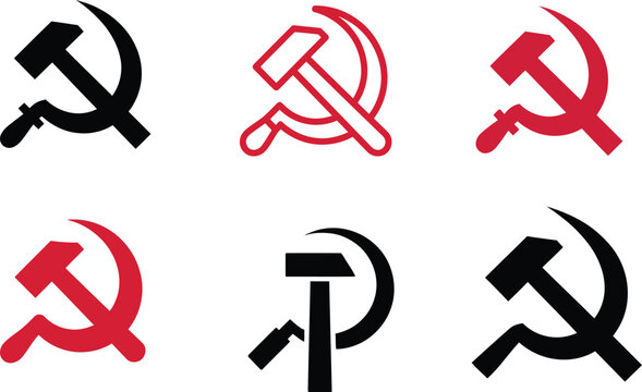Set of six different hammer and sickle icons