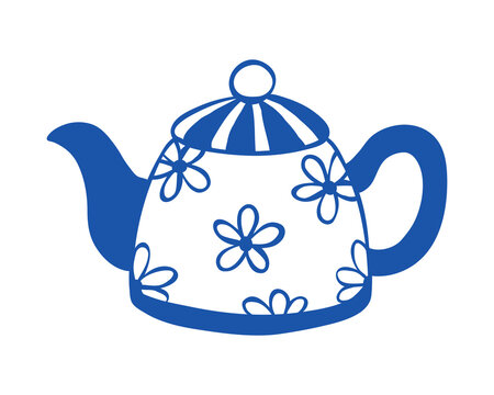 Hand-drawn line art illustration of a decorative ceramic teapot with floral pattern. Vector clipart for tea shop logos, cozy print designs, stickers, branding, marketing, or web.