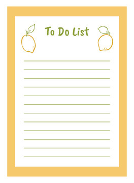 Flat vector to do list template with hand-drawn lemons. Cute planner for print, digital design, or journals. Reminder paper sheet, scheduler or organizer.
