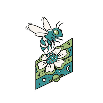 Cute bee flying towards a stylized flower with celestial elements