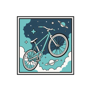 Stylized bicycle in a cosmic scene with clouds and planets